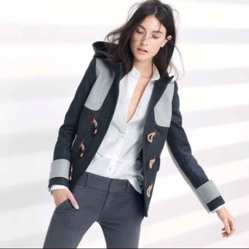 NWT J Crew Colorblock Duffle Coat Wool Black Gray Size 0 Nautical Boating Preppy